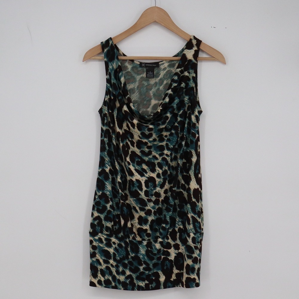 INC Tunic Top Womens S Cowl Neck Teal Black Animal Print Sleeveless Excellent